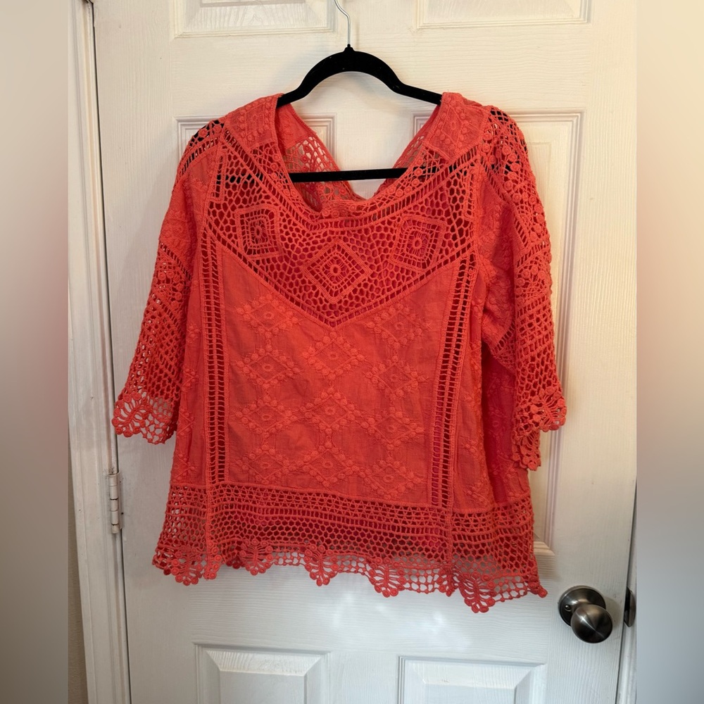 Democracy Coral Lace Lined Blouse XL 3/4 sleeves - Picture 2 of 8